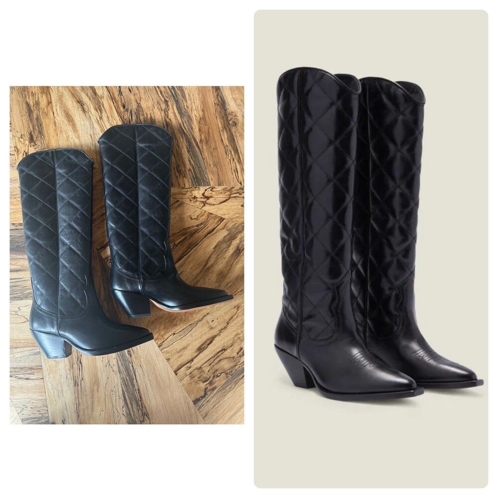 Sandro Quilted Leather Tall Cowboy Boots in Black